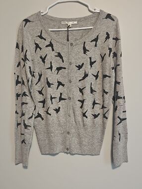 Gray Hummingbird-Print Button-Front Cardigan Sweater